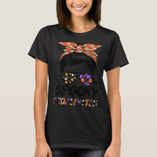 Messy Bun Spooky Coordinator Women Pumpkin Hallowe T-Shirt