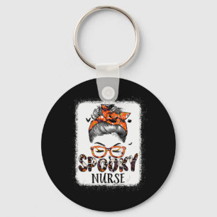 Messy Bun Spooky Nurse Women Pumpkin Halloween Bat Key Ring