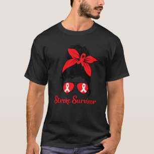 Messy Bun Stroke Survivor Awareness Red Ribbon Bra T-Shirt
