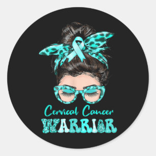 Messy Bun Teal Ribbon Cervical Cancer Warrior  Classic Round Sticker