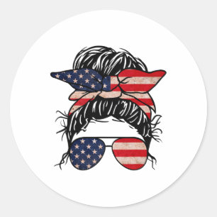 Messy Bun Usa Flag Gles 4th Of July Patriotic Classic Round Sticker