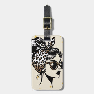 Messy Bun Woman with Leopard Print Bandanna and Su Luggage Tag