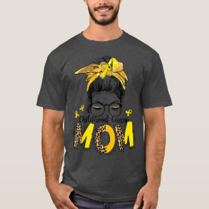 Messy Bun Women Leopard Yellow Ribbon Childhood Ca T-Shirt