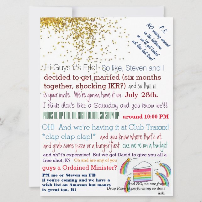 Messy Club Queen Gay Wedding Invites (Front)