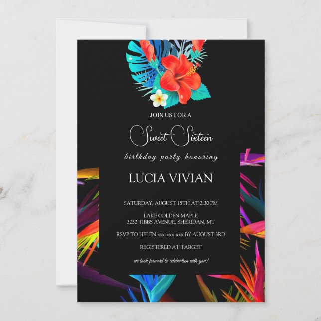 Messy Colourful Tropical Floral Black Base Sweet 1 Invitation (Front)