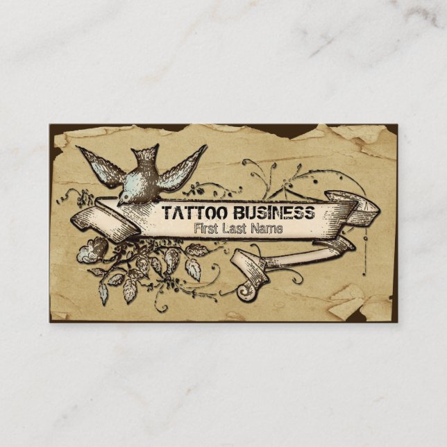 Messy grunge bird swirl tattoo business cards (Front)