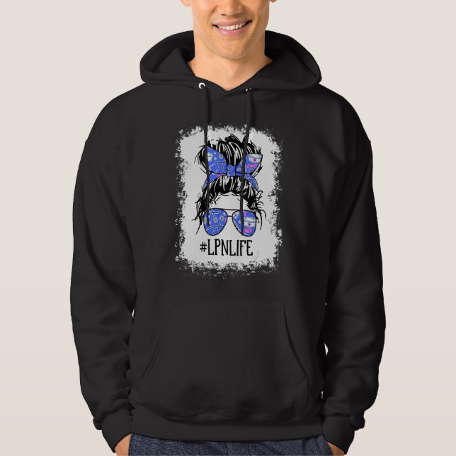 Messy Hair Blue Bow Glasses Lpn Nurse Bun Healthca Hoodie (Front)