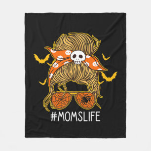 Messy Hair Bun Mom Life spooky Halloween  Fleece Blanket