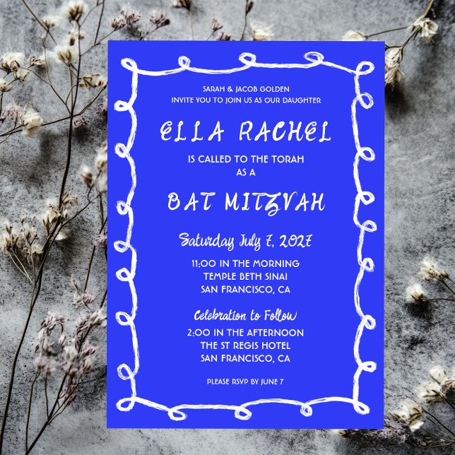 Messy Loops Hand Drawn Custom Bar Bat Mitzvah Invitation (Messy Loops Hand Drawn Custom Bar Bat Mitzvah Blue White Invitation
)