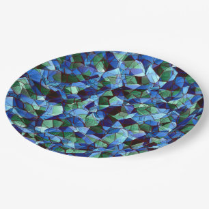Messy of green and blue irregular mosaic overlaid  paper plate