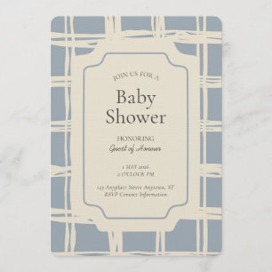 Messy Plaid Geometric Gender Neutral Blue Beige Invitation