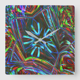 Messy strokes of colourful neon on dark background square wall clock