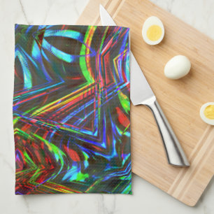 Messy strokes of colourful neon on dark background tea towel