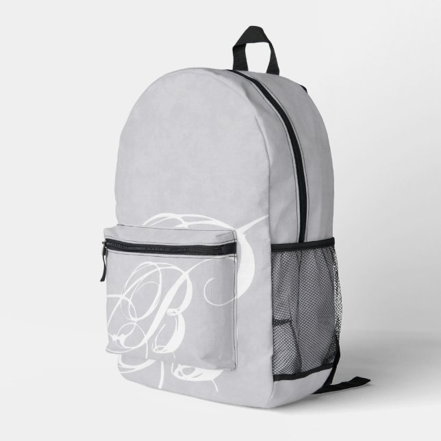 Messy White Monogram on Grey Grunge Printed Backpack (Back Corner Right)