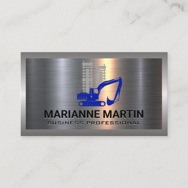 Metal Aluminium Silver Brushed | Bull Dozer Logo Business Card (Front)
