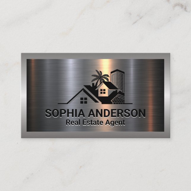 Metal Aluminium Silver Brushed | Real Estate Logo Business Card (Front)