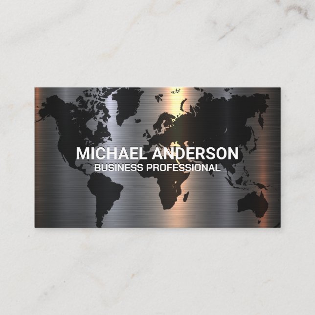 Metal Aluminium Silver Brushed | World Map Business Card (Front)