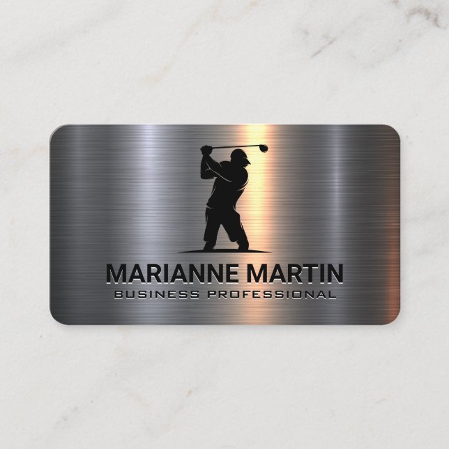 Metal Aluminum Silver | Golfer Swinging Business Card (Front)