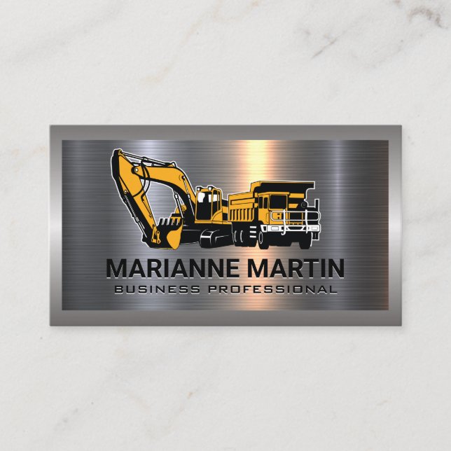 Metal Background | Construction Vehicles Business Card (Front)