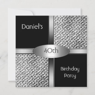 Metal Black White Silver 40th Birthday Party Mens Invitation