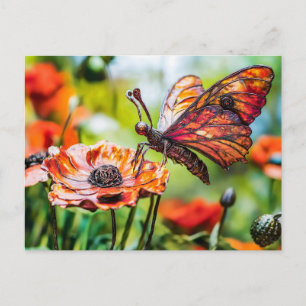 Metal Butterfly on Poppy flower Postcard