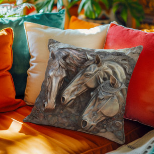 Metal Carved Look Horse Portrait  Cushion