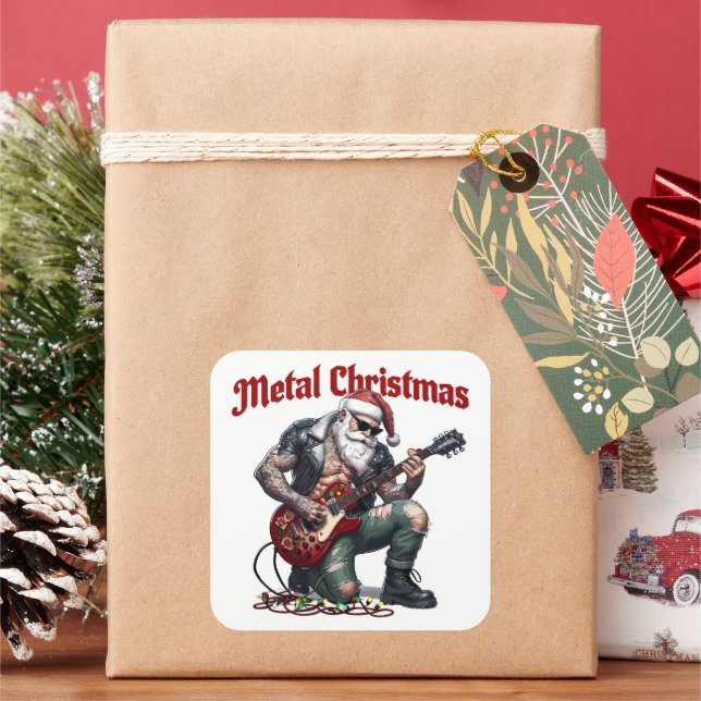 Metal Christmas Tattooed Santa Playing Guitar Square Sticker (Holiday)