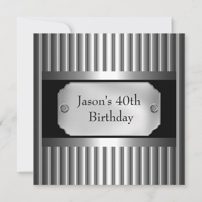Metal Chrome Black White Style Silver Mens 40th Invitation (Front)