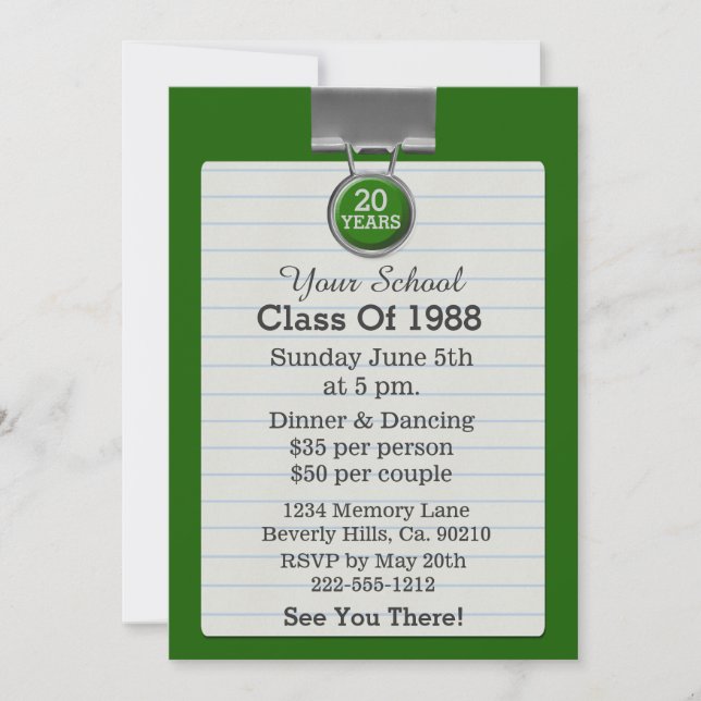 Metal Clip Notepaper Green Class Reunion Invitation (Front)