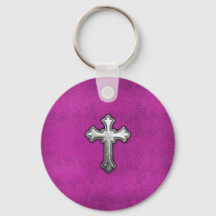 Metal Cross on Pink Leather Key Ring