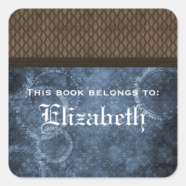 Metal Gear Steampunk Bookplate Stickers, Blue Square Sticker (Front)