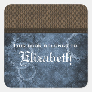 Metal Gear Steampunk Bookplate Stickers, Blue Square Sticker