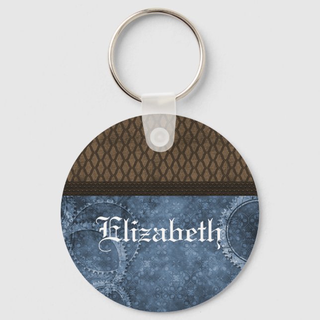 Metal Gear Steampunk Keychain, Blue Key Ring (Front)