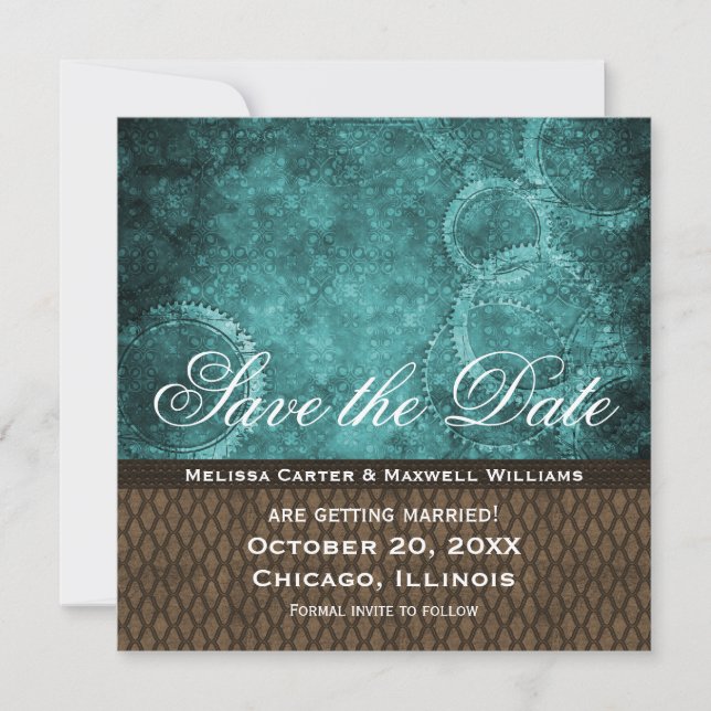 Metal Gears Save the Date Invite, Teal Invitation (Front)