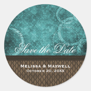 Metal Gears Save the Date Stickers, Teal Classic Round Sticker