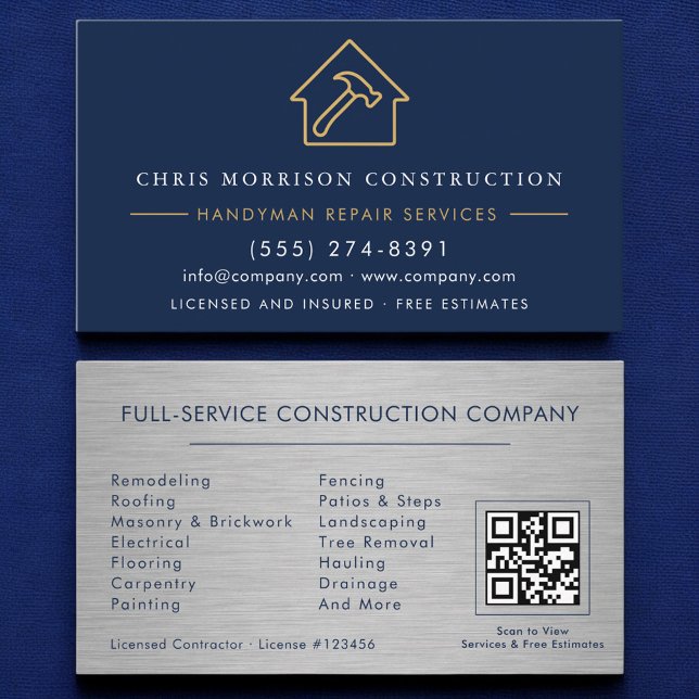 Metal Handyman Construction Navy Blue Gold QR Code Business Card (Creator Uploaded)