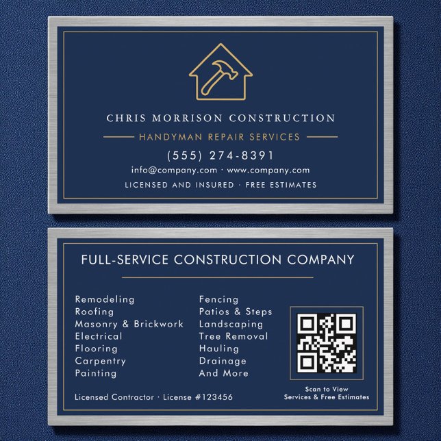 Metal Handyman Navy Blue Gold QR Code  Business Card (Creator Uploaded)
