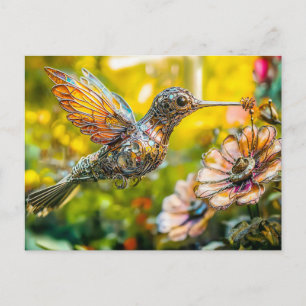 Metal Hummingbird in Flight on flower Postcard