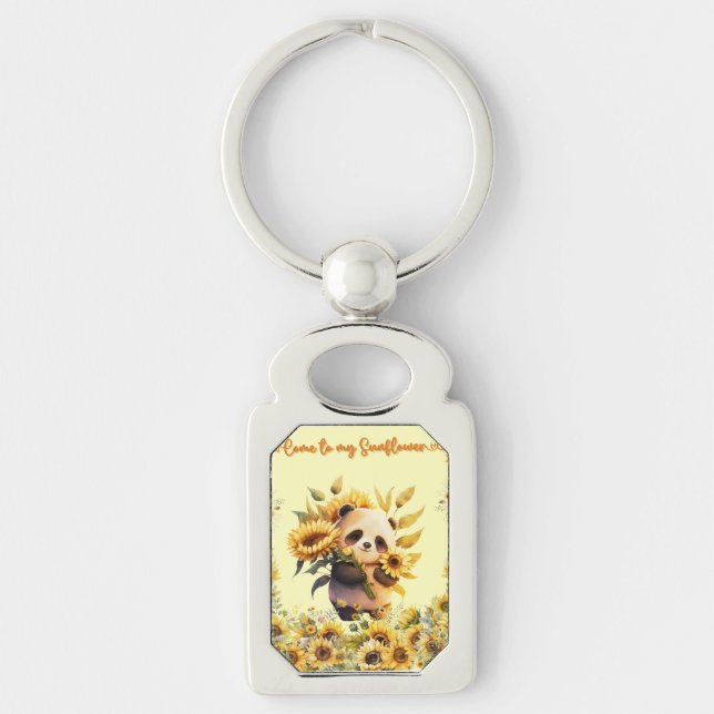 Metal Keychain | Cute Panda Holding Sunflowers (Front)