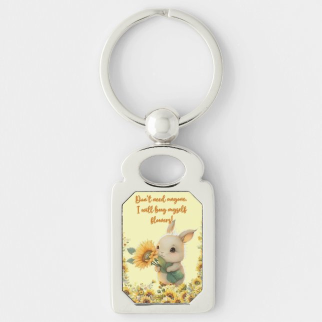 Metal Keychain | Cute Rabbit Holding Sunflower (Front)