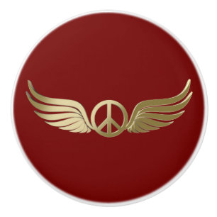 Metal look peace symbol with wings ceramic knob