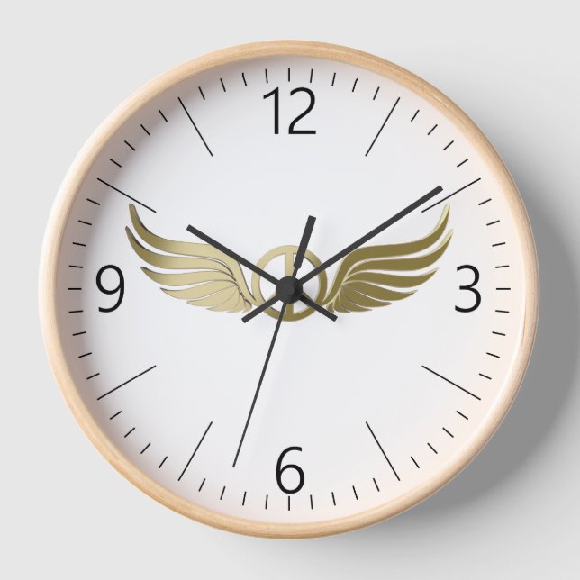 Metal look peace symbol with wings clock (Front)