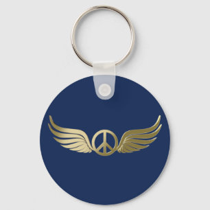 Metal look peace symbol with wings key ring