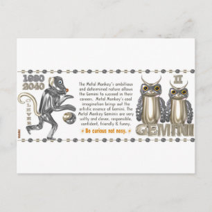 Metal Monkey zodiac born Gemini 1980 Postcard
