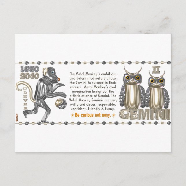 Metal Monkey zodiac born Gemini 1980 Postcard (Front)