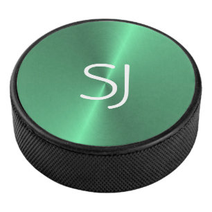 Metal monogram green shiny hockey puck