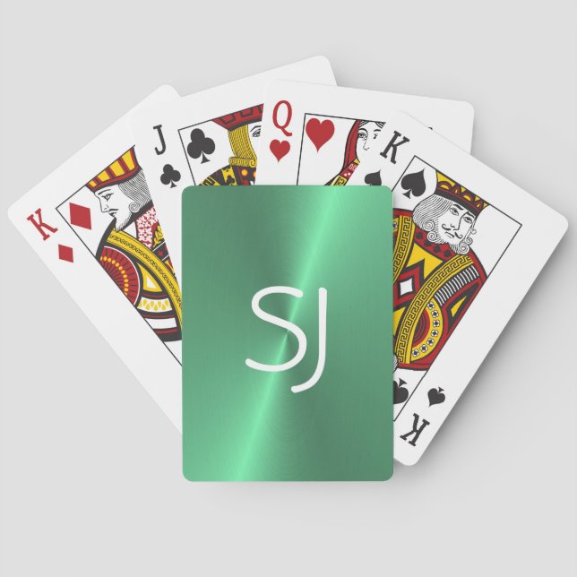 Metal monogram green shiny playing cards (Back)
