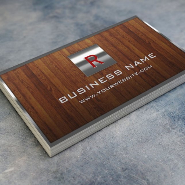 Metal Monogram Steel Border Wood Professional Business Card (Creator Uploaded)