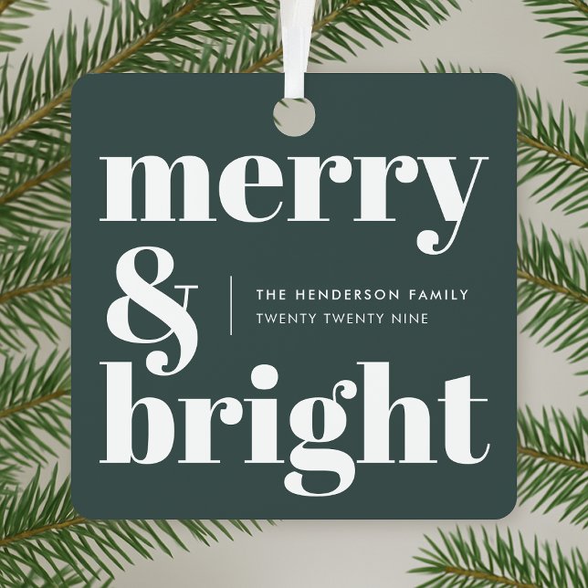 Metal Ornament | Merry and Bright Modern Green (Merry and Bright metal ornament by Guava, featuring forest green colour and retro modern design)
