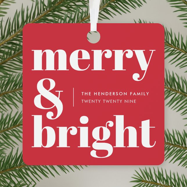 Metal Ornament | Merry and Bright Modern Red (Merry and Bright metal ornament by Guava, featuring bold red typography and modern festive design)
